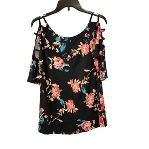 Tickled Teal Women's Regular Size Large Red Floral And BlackCold Shoulder Blouse